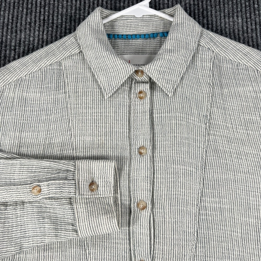 Anthropologie Womens Shirt XS Extra Small Beige Striped Long Sleeve‎ 1/2 Button